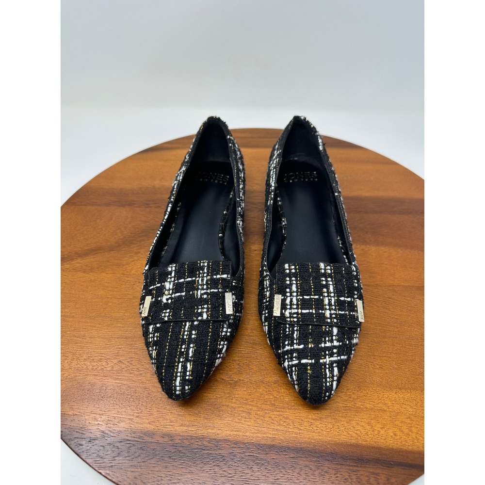 Jones New York Quesheen Loafers 8M Black White Tweed Gold Metallic Pointed Flats